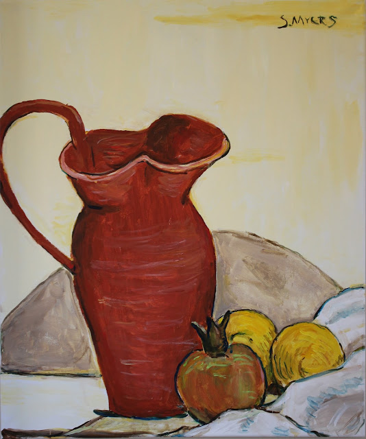 Still-Life with Red Pitcher, Sarah Myers art, painting, still-life, natura morte, sarah, myers, arte, pintura, pitcher, red, fruit, lemons, pomegranate, ceramic, amy, myers, modern, contemporary, large, kunst, acrylic, canvas, yellow, table, interior