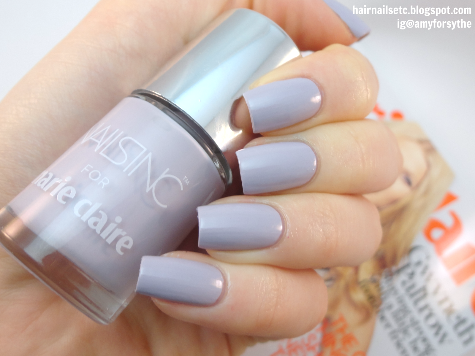 Swatches and Review of the Free Nails Inc 'Fashion' Lilac Nail Polish with Marie Claire April 2015 Magazine - hairnailsetc.blogspot.co.uk / ig@amyforsythe