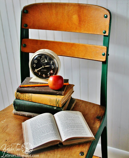 Mid-Century Antique Green Wooden School Chair Antique Clock Autumn Display Antique School Books via Knick of Time Mid-Century Antique Green Wooden School Chair Antique Clock Autumn Display via Knick of Time