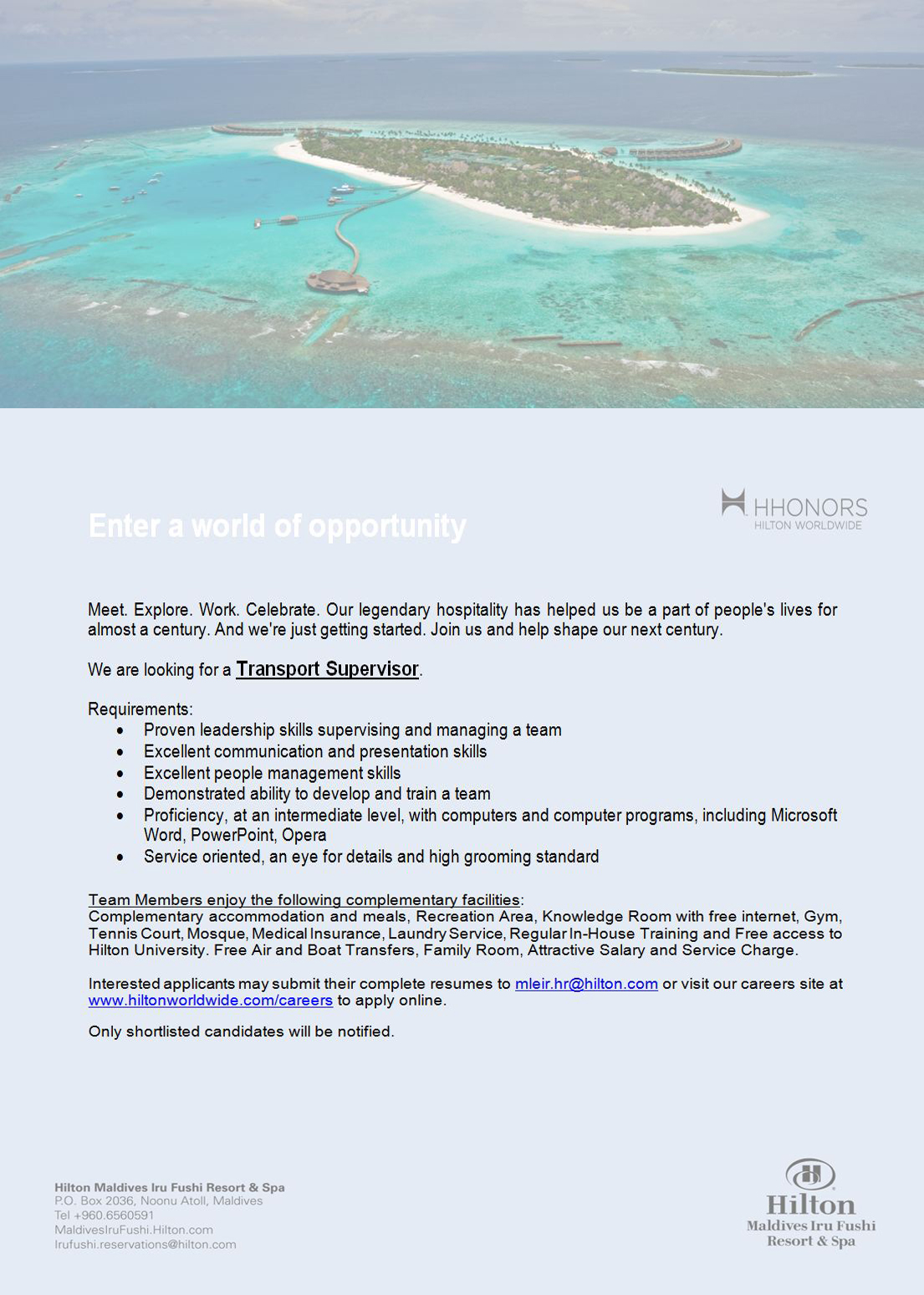 Transport Supervisor Job Vacancy at Hilton Maldives Hilton+advert