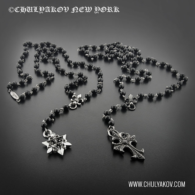 Designer Bead Onyx Rosary with diamond silver cross and silver star of david