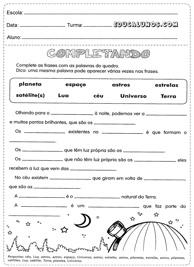 Complete as frases com as palavras do quadro
