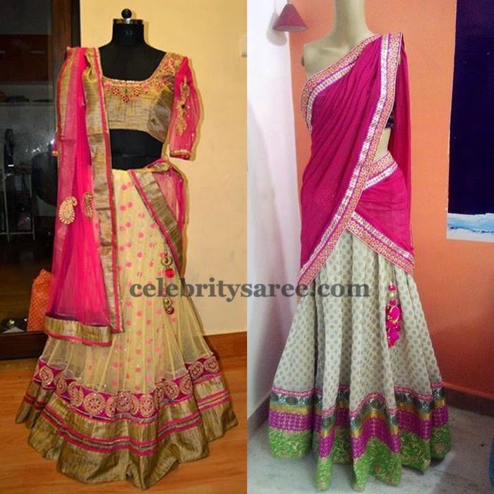 Pretty Half Saree in Cream and Pink Saree Blouse Patterns