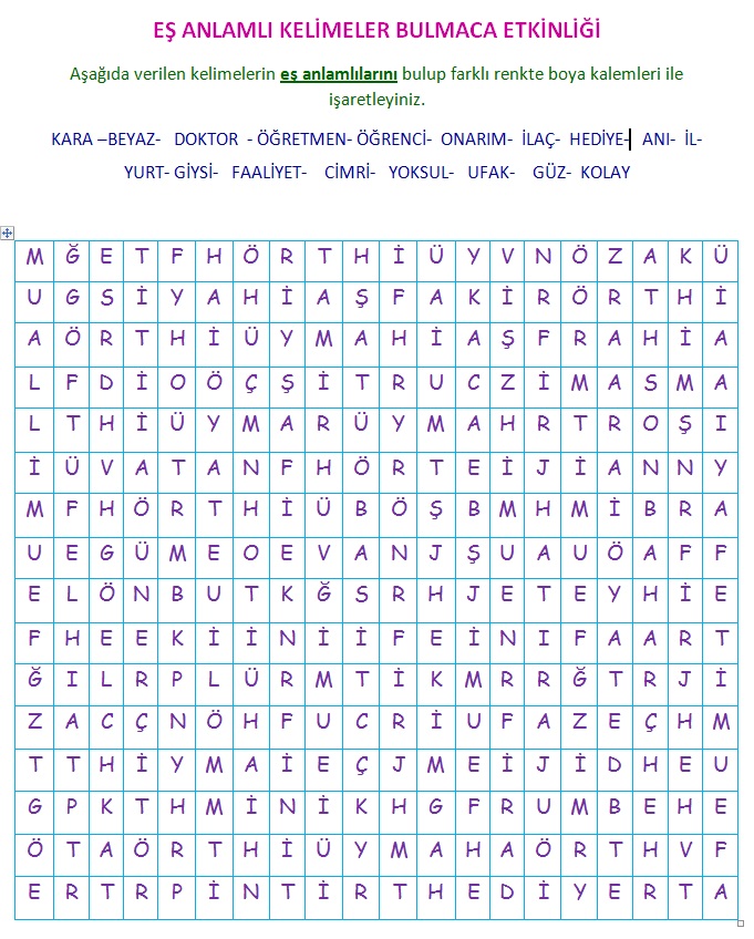 Ödev Vakti: 2. Sınıf Eş Anlamalı Kelimeler Bulmaca Etkinliği
