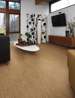 Tan carpet in large family room (stripe textured pattern)