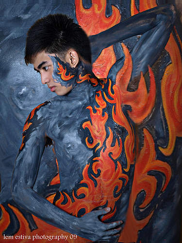 Creative Airbrush Body Painting on Men Fire Flame Character