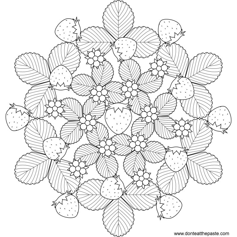 Strawberry mandala to print and color- also available in transparent PNG format