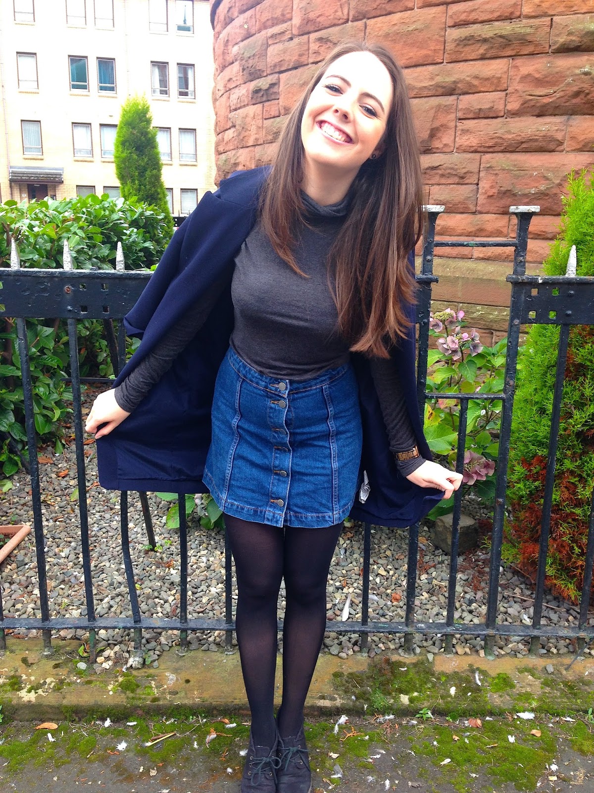 blue denim skirt with black tights