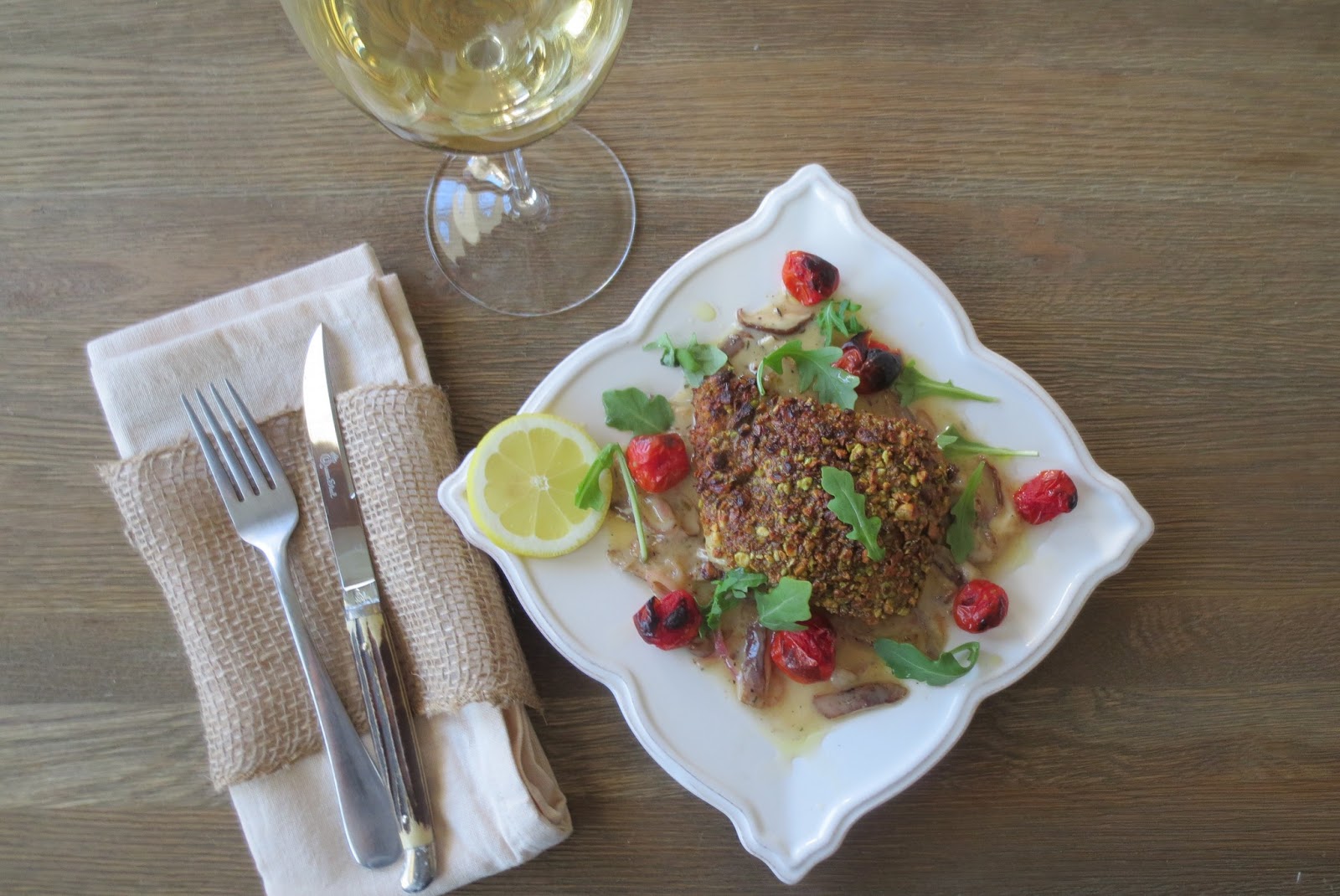 The Owl with the Goblet Pistachio Crusted Halibut with White Wine