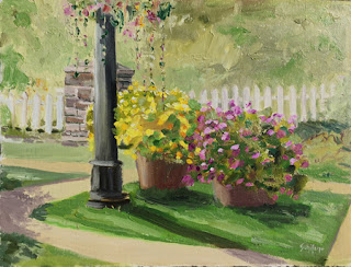 Kath Schifano, painting at festival, street flowers, flower garden