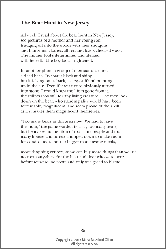 Maria Mazziotti Gillan Poem "The Bear Hunt in New Jersey" by Maria