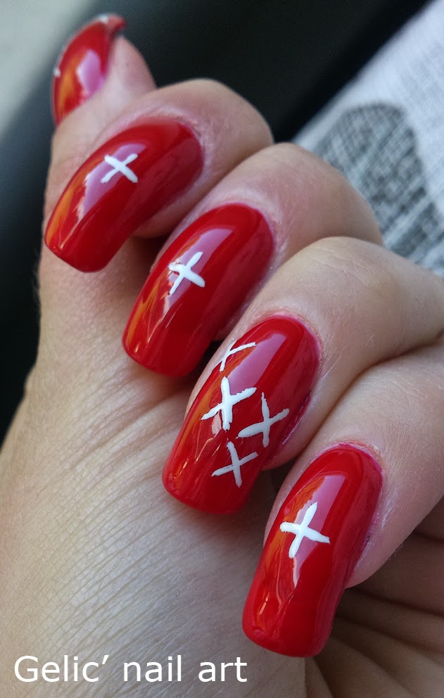 Gelic' nail art 31DC2013 Day 28; Swiss flag cross stitch nail art