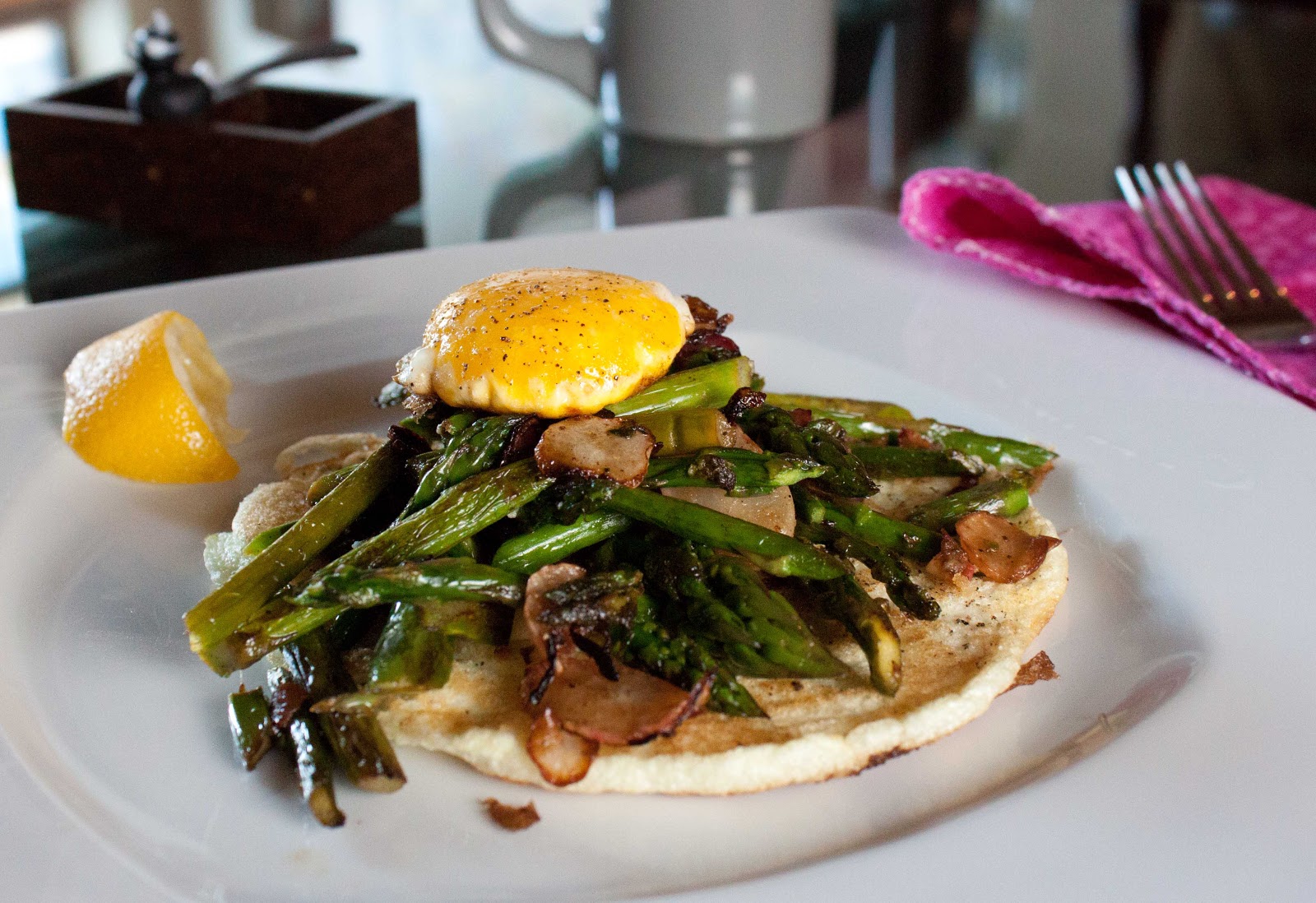 Fat and Happy Blog Lemony Asparagus with Fried Yolk and Egg White Pancake