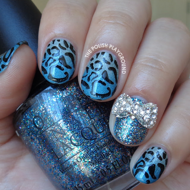 Green and Blue Holo Gradient with Leopard Print Stamping Nail Art