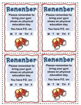 reminder gym shoes cards lesson entrepreneurs teacher ii forget physical students education