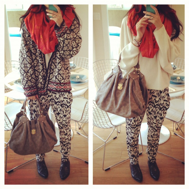 Hobo style, hobo outfit, patterned sweater and pants, cashmere BCBG sweater, brown booties, vintage infinity scarf, LV Louis Vuitton Mahina, Fashion Style