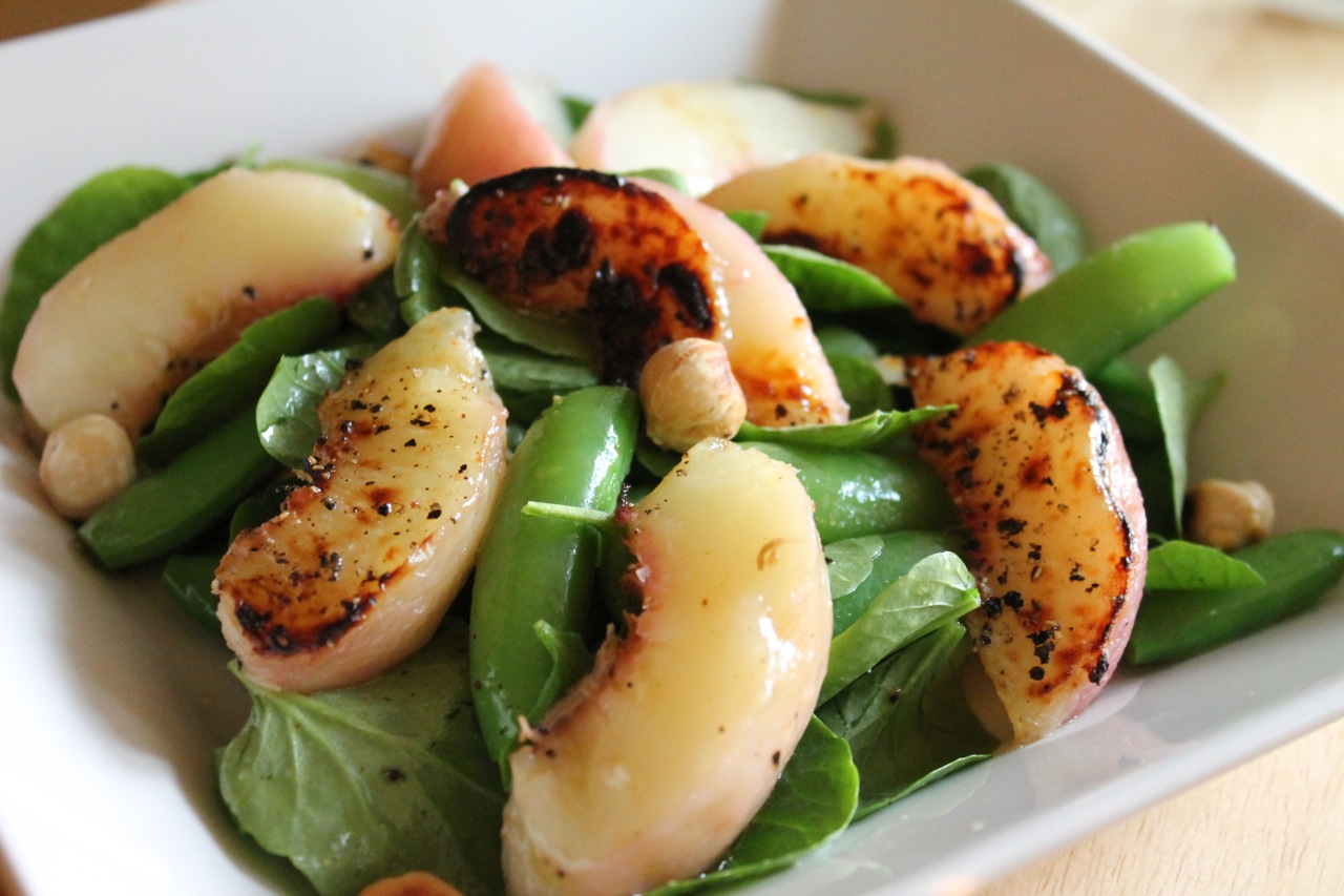 Cook In / Dine Out: Broiled Peach Salad with Watercress, Sugar Snap Peas  and Toasted Hazelnuts