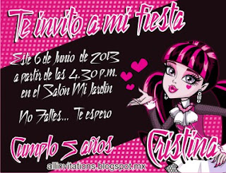 Invitacion de cumpleaños con el tema de Draculaura de Monster High