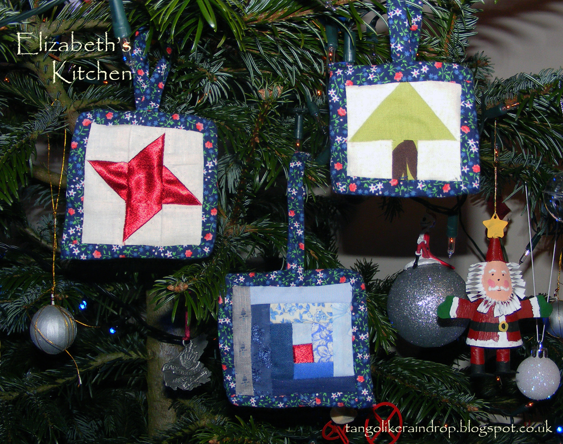 christmas tree decorations are made from some of the same quilted ...