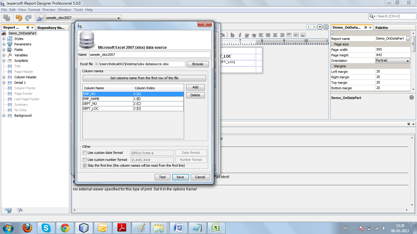 Jtable -  انشاء تقارير JasperReports مع iReport ...مقال 10_التعامل مع مصادر البيانات _ملفات Excel كمصدر للبيانات Excell+datasource2