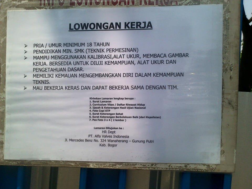Lowongan Kerja Lowongan Kerja Pt Alfa Valves Indonesia