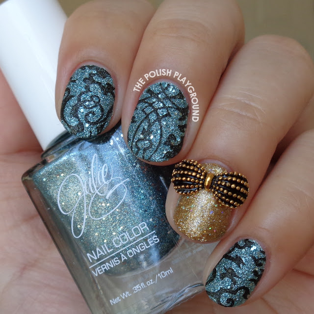 Blue Texture and Black Stamping with Gold Accent Nail Art