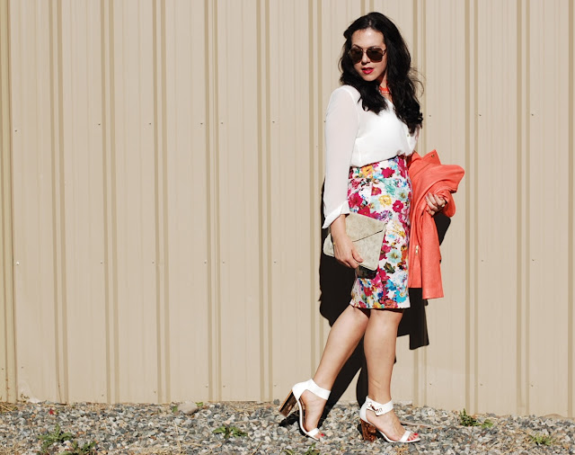 Vancouver fashion blogger,Elenian leather Theory jacket, Floral pencil skirt, Topshop heels and a gold Gap clutch.