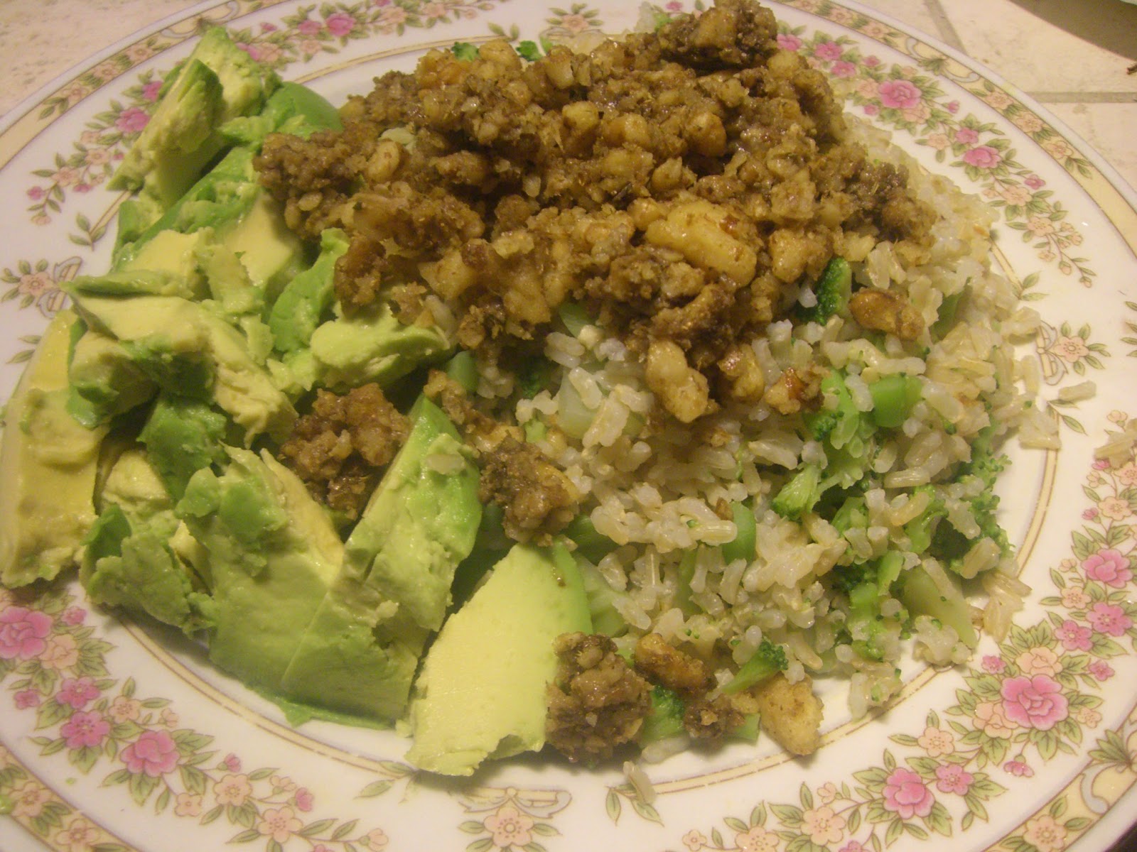AfroVeganChick: Vegan Raw Walnut Meat Atop Brown Rice, Broccoli, & Avocado
