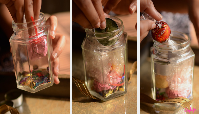 This Diwali, give your gifting a contemporary edge by choosing the DIY or Do-It-Yourself project which is a package of numerous individual traditional Diwali gifts within a mason jar by Dayle Pereira of Style File