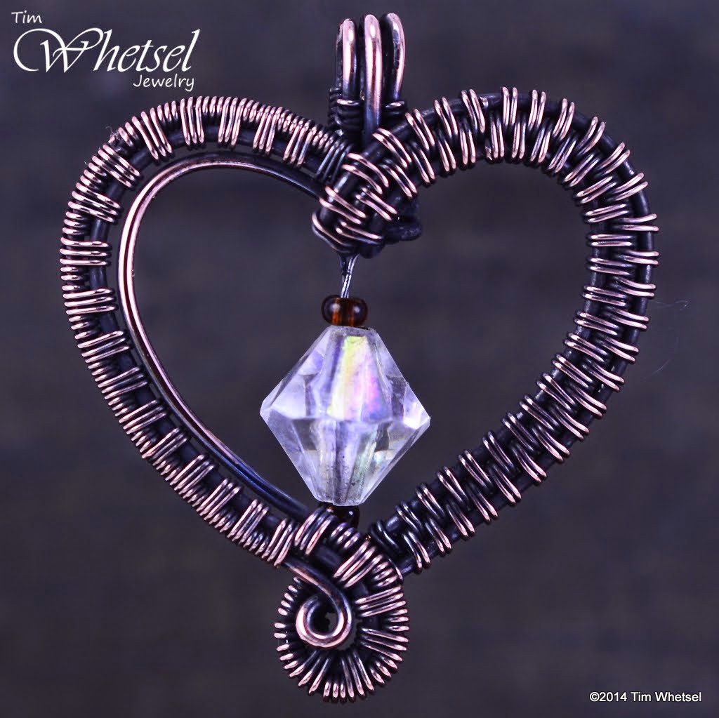 Handmade Copper Wire Wrapped Valentines Day Heart with Crystal Bicone Bead - ©2015 Tim Whetsel Jewelry