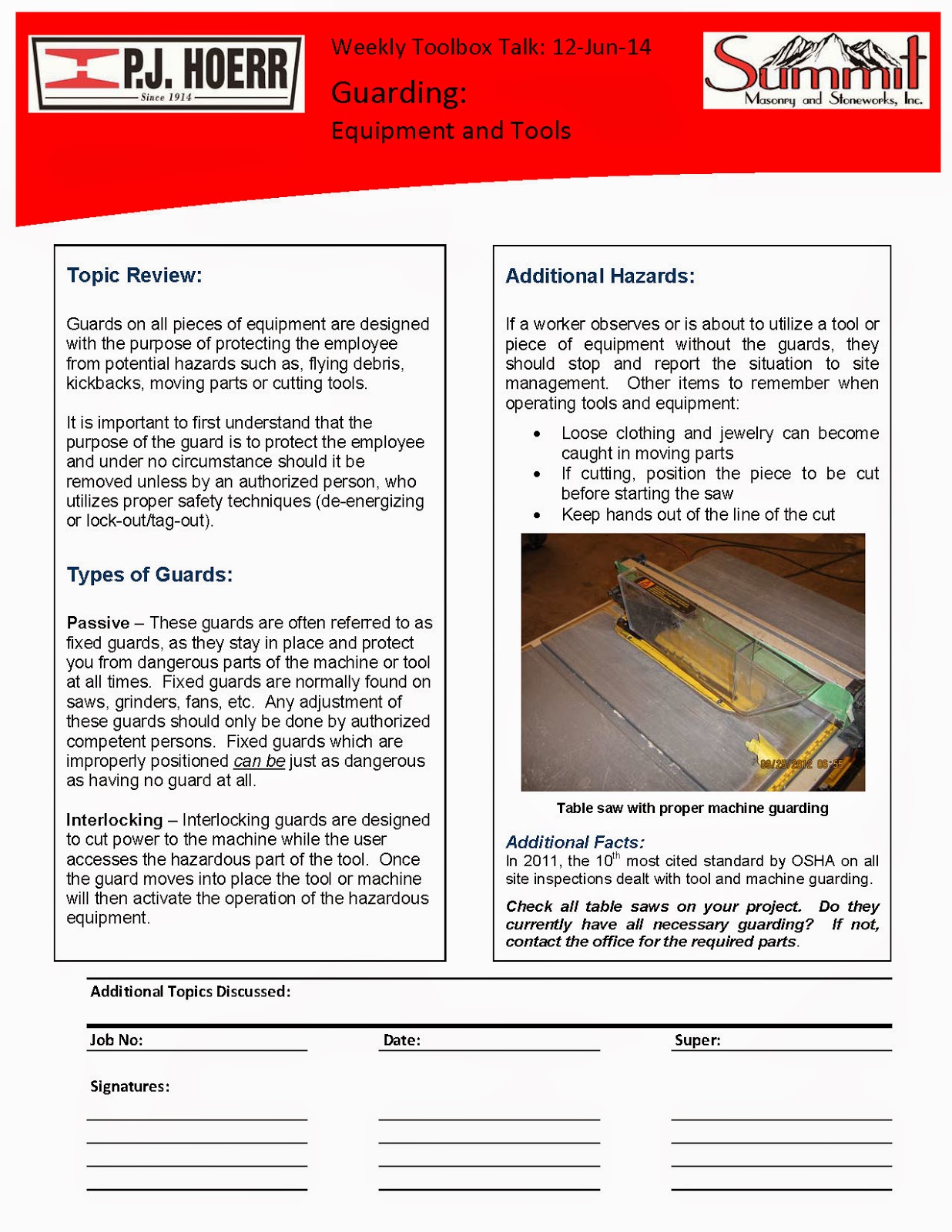 P.J. Hoerr, Inc. P.J. Hoerr & Summit Masonry Weekly Toolbox Talk