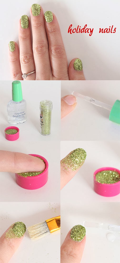 Grosgrain Easy Holiday Nails. Clear Coat. Dip in Glitter.