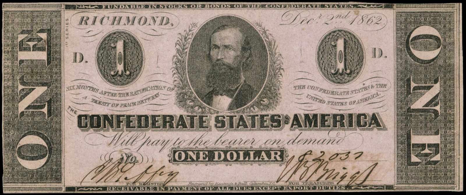 Confederate States of America One Dollar Bill 1862 T-55|World Banknotes