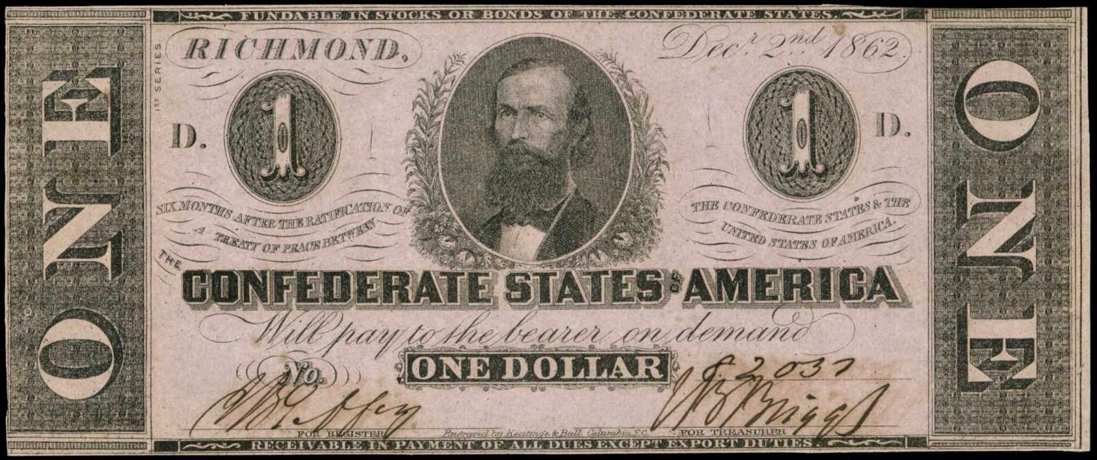 Confederate States of America One Dollar Bill 1862 T-55|World Banknotes