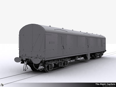 Fastline Simulation - The Night Capitals: Final clay render of the Generic GUV shape created to allow specific version creation for RailWorks 3 Train Simulator 2012. A model for Motorail use with every fitting possible, dual brakes, electric through wiring, through steam pipe and buffing plate to reduce shocks when working with Mk3 sleepers.