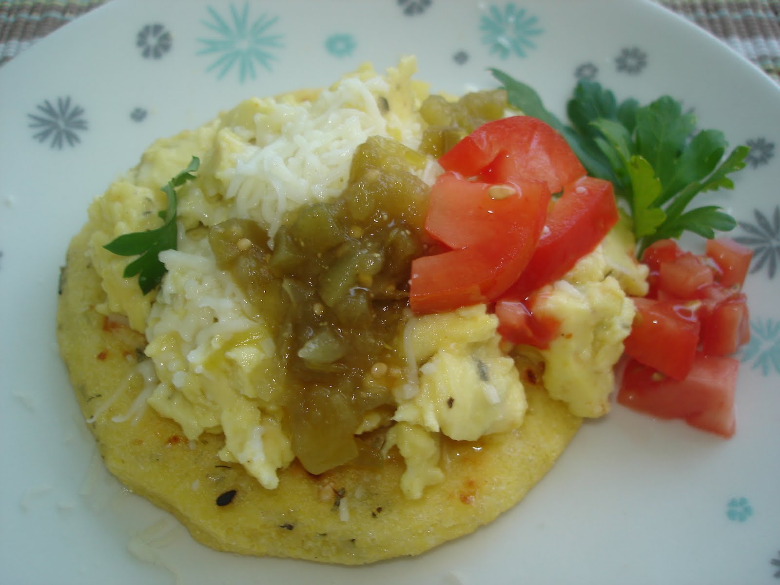 The Tiny Skillet Brunch Arepas with scrambled eggs and tomatillos