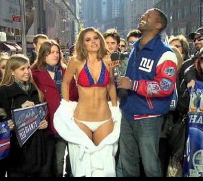 Maria Menounos wears a bikini after losing super bowl bet that New England Patriots would beat the NY Giants