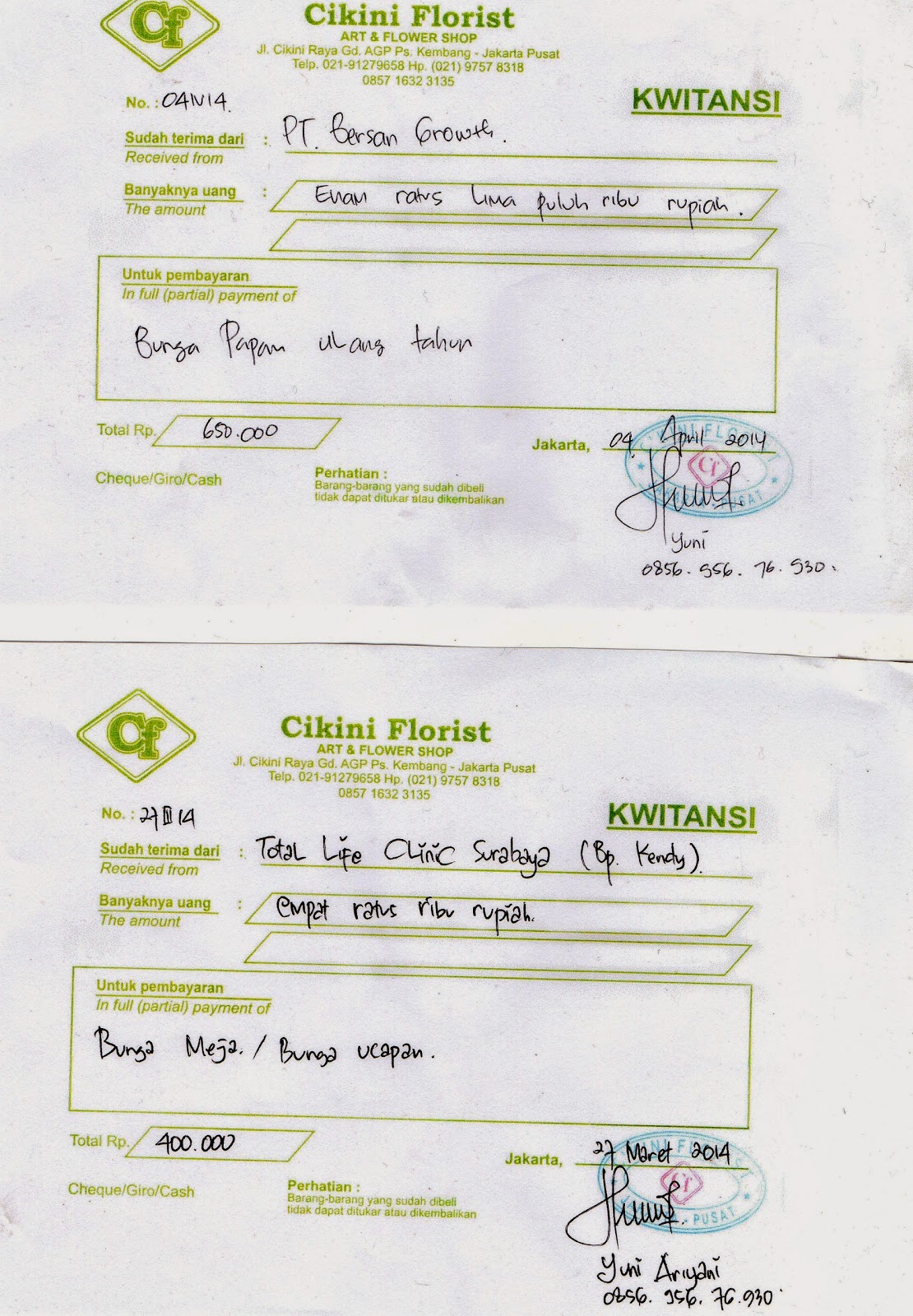 Toko Bunga Cikiniflorist Jakarta Kwitansi Asli Toko Bunga