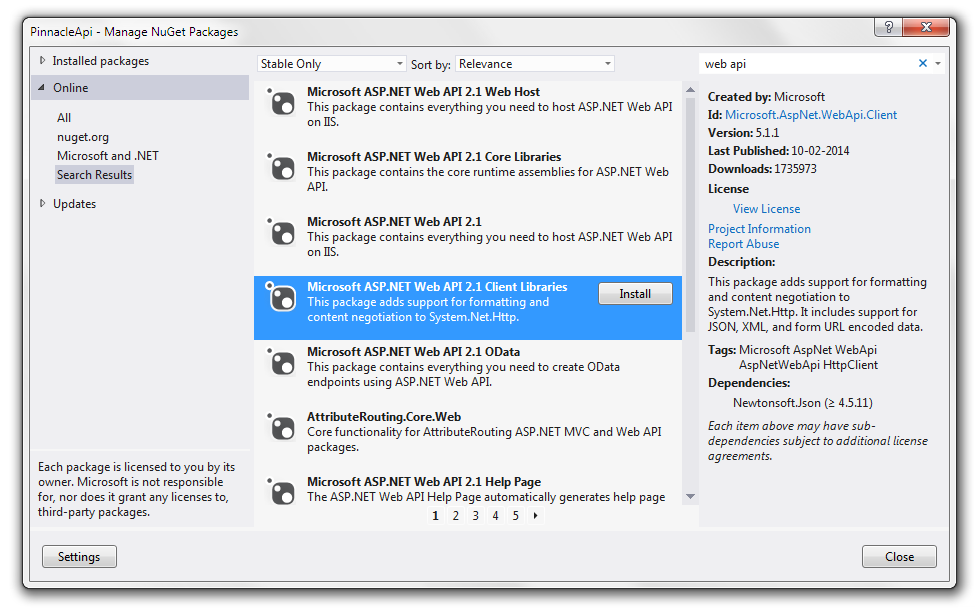 Install Web API Client Libraries through NuGet