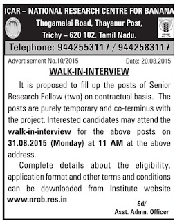 National Research Centre for Banana (NRCB) Trichy Walk in Interview for SRF