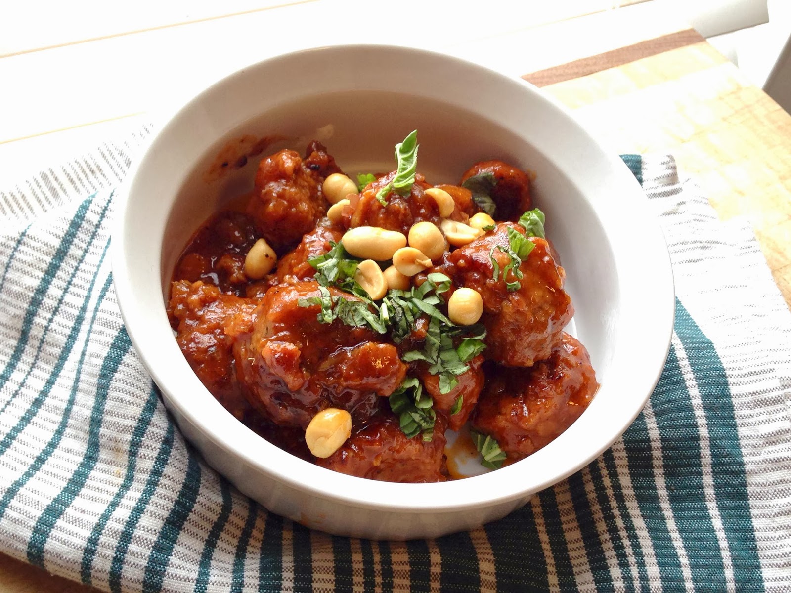 Natural Sugar Apricot BBQ Meatballs with Basil & Peanuts