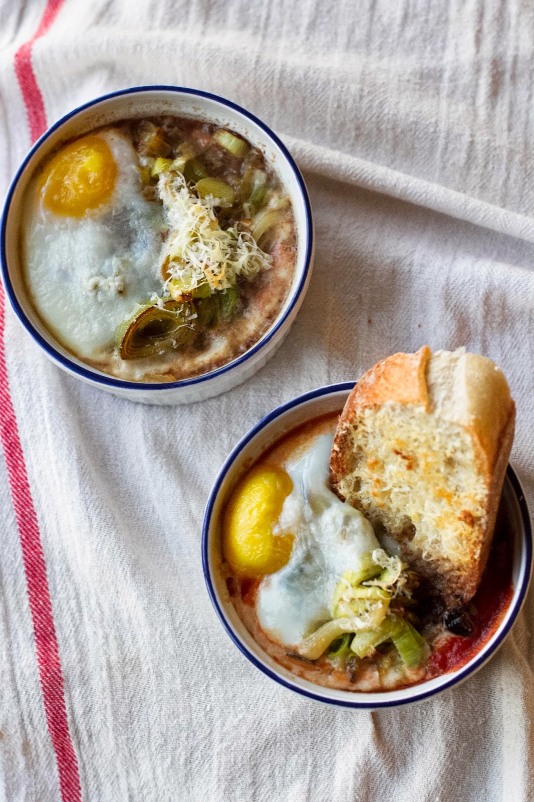 Buttered Up Baked Eggs in Stewed Tomatoes with Caramelized Leeks