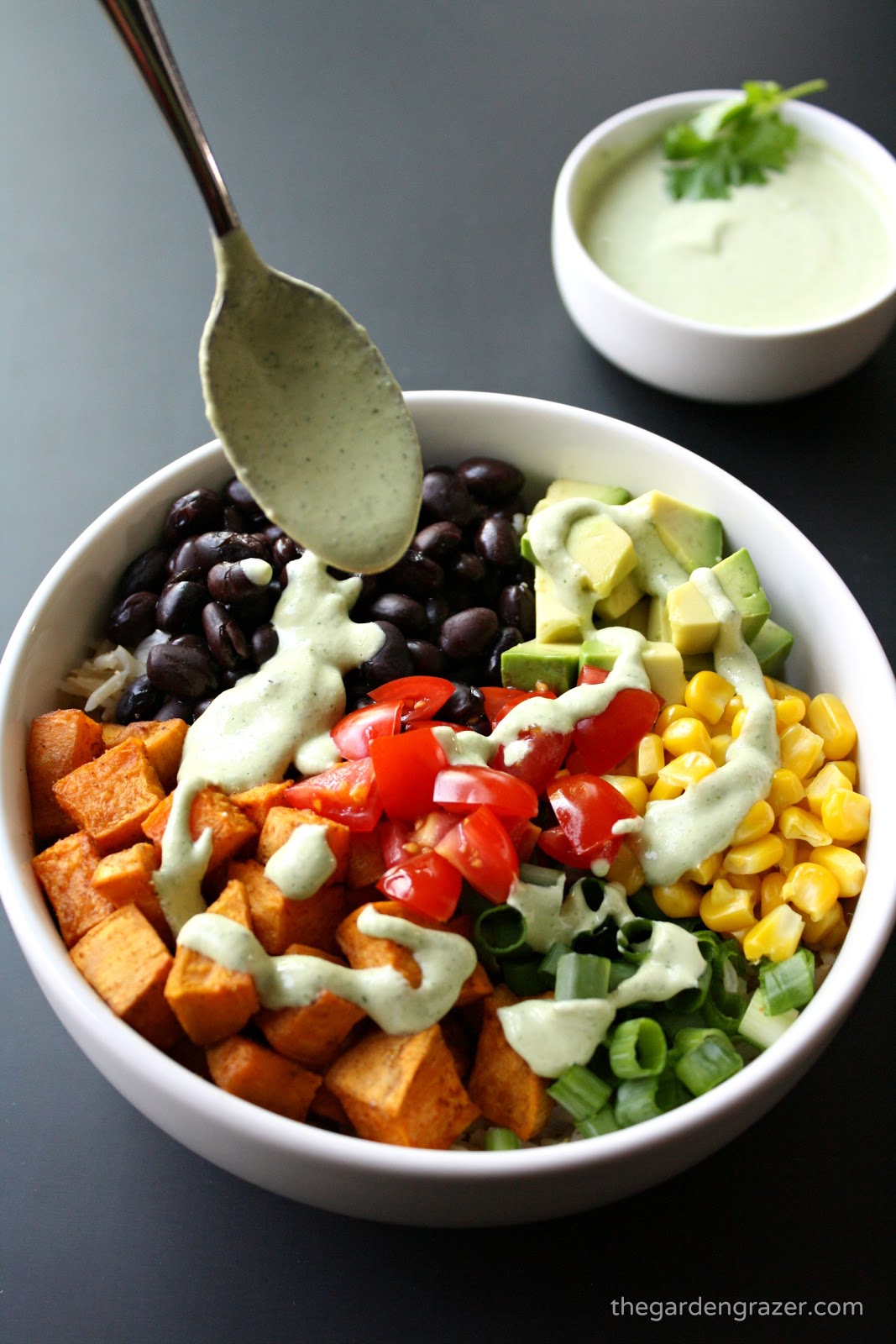 The Garden Grazer Mexican Sweet Potato Bowl with CashewLime Cream