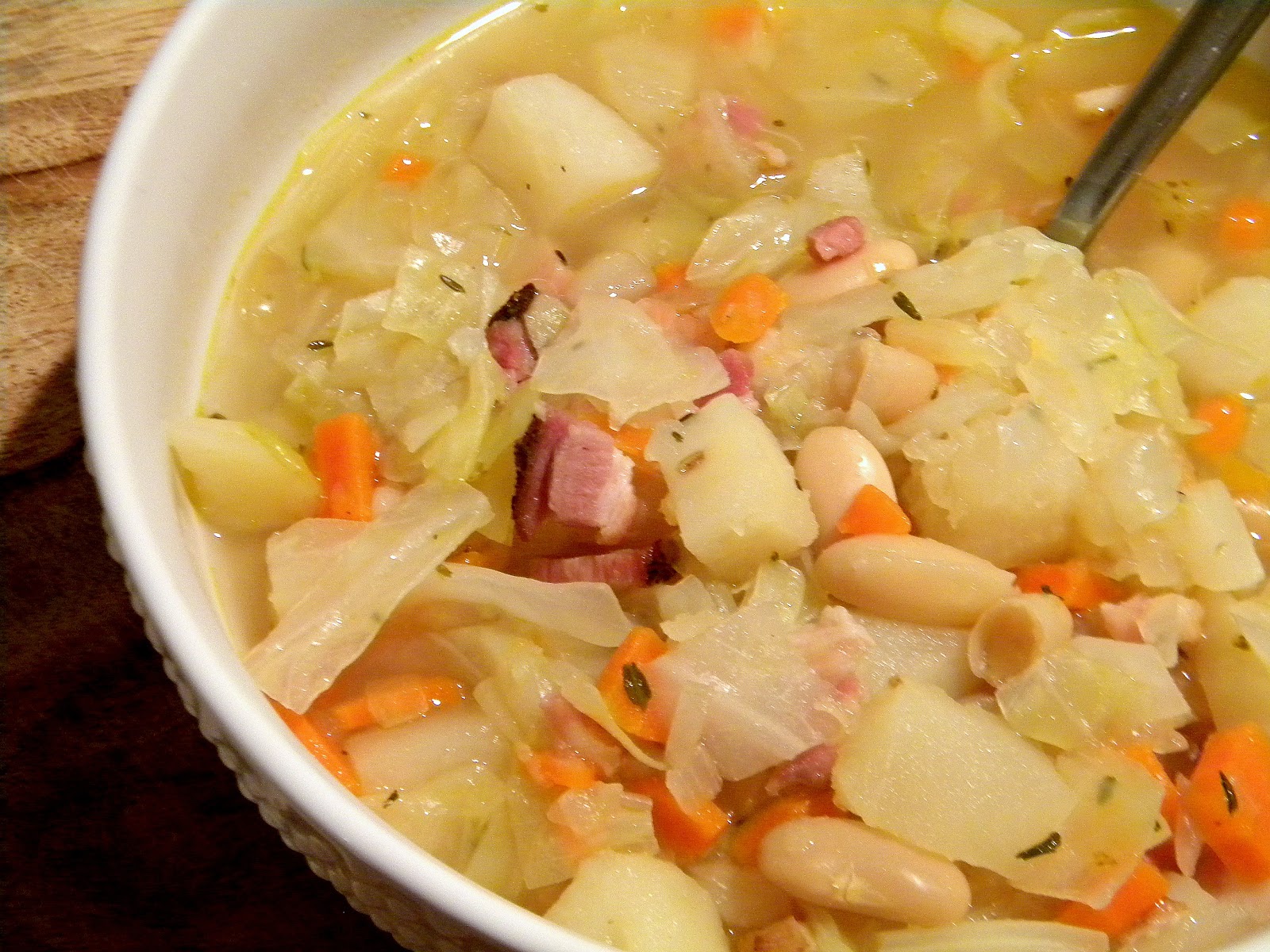 a lovin' forkful Cabbage Soup with Bacon, Potatoes and White Beans