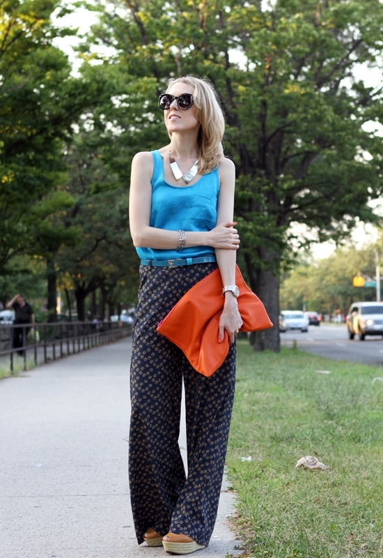 The Wind of Inspiration Outfit of the Day Post - Palazzo Pants Are A Girl's Good Friend - Asos Satin Tank Turquoise Forever 21 Dots & Daisy Palazzo Pants Jessica Simpson Women's Jungle Wedge Espadrille American Apparel Large Leather Carry-All Pouch Asos Leather Patent Belt Blue Asos Metal Collar Necklace Rhodium Asos Oversized Retro Sunglasses Wittnauer Silver Chronograph Watch Essie 752 Turquoise & Caicos Revlon 440 Siren