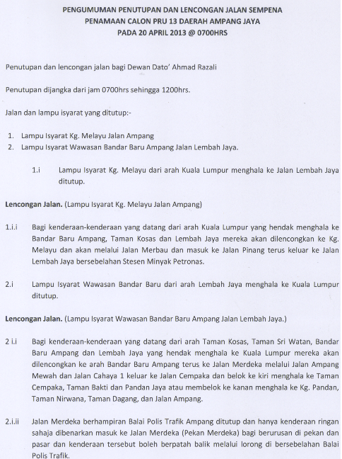 Rakyat Merah Kuning Update Pru13 Makluman Penutupan Dan Lencongan Jalan Sempena Hari Penamaan Calon Di Ampang