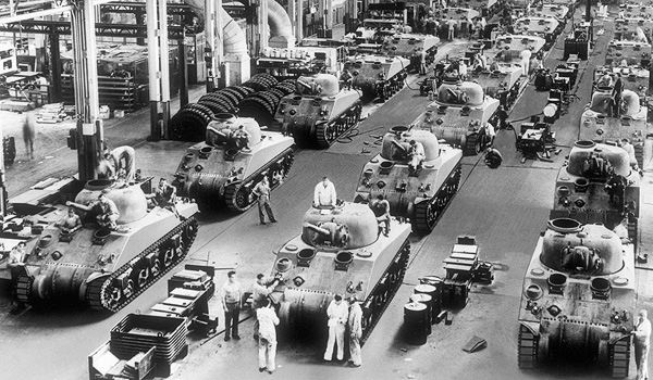 Industry was mobilized by converting factories to the production of war supplies, especially for making guns, bullets, planes, and tanks