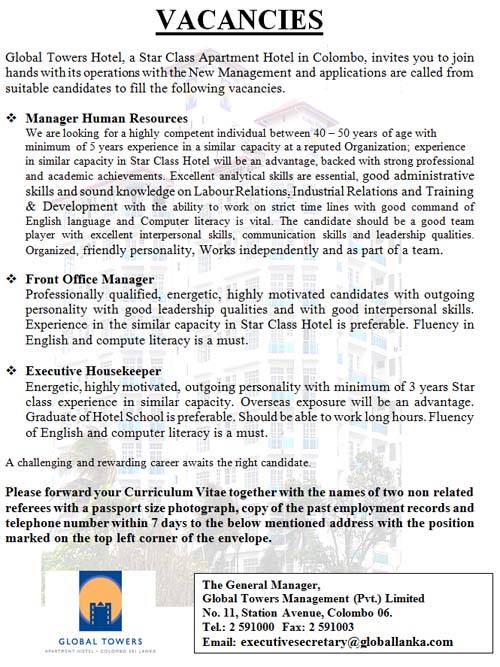 Vacancies for Manager Human Resources, Front Office Manager, Executive