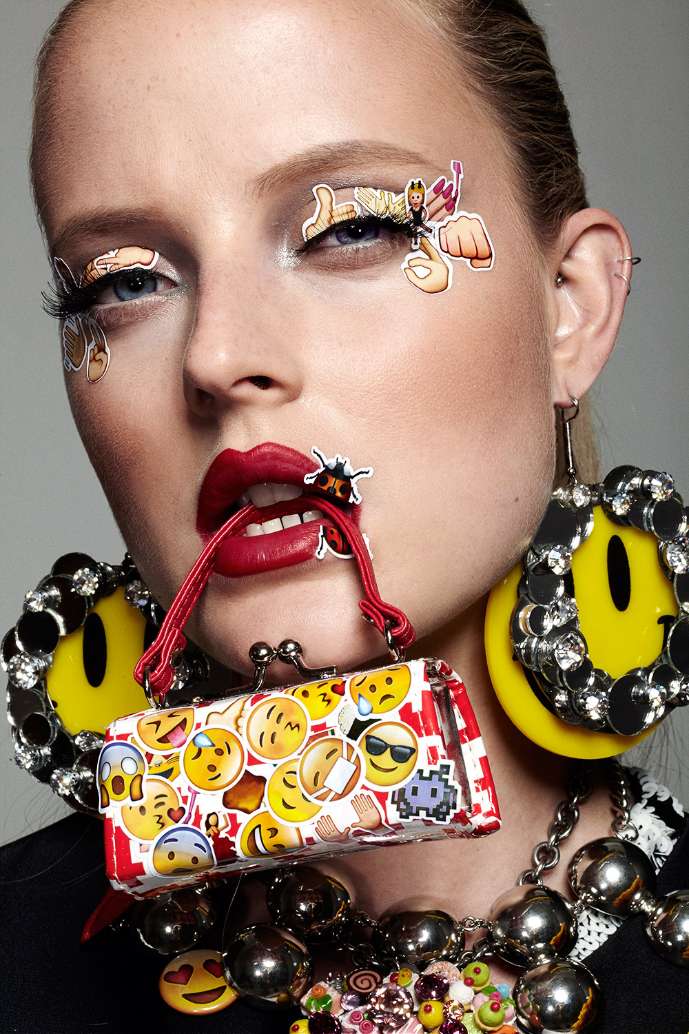 Emoji Girl Emoticon Stickers Beauty Editorial Shoot with Model Emily Steel