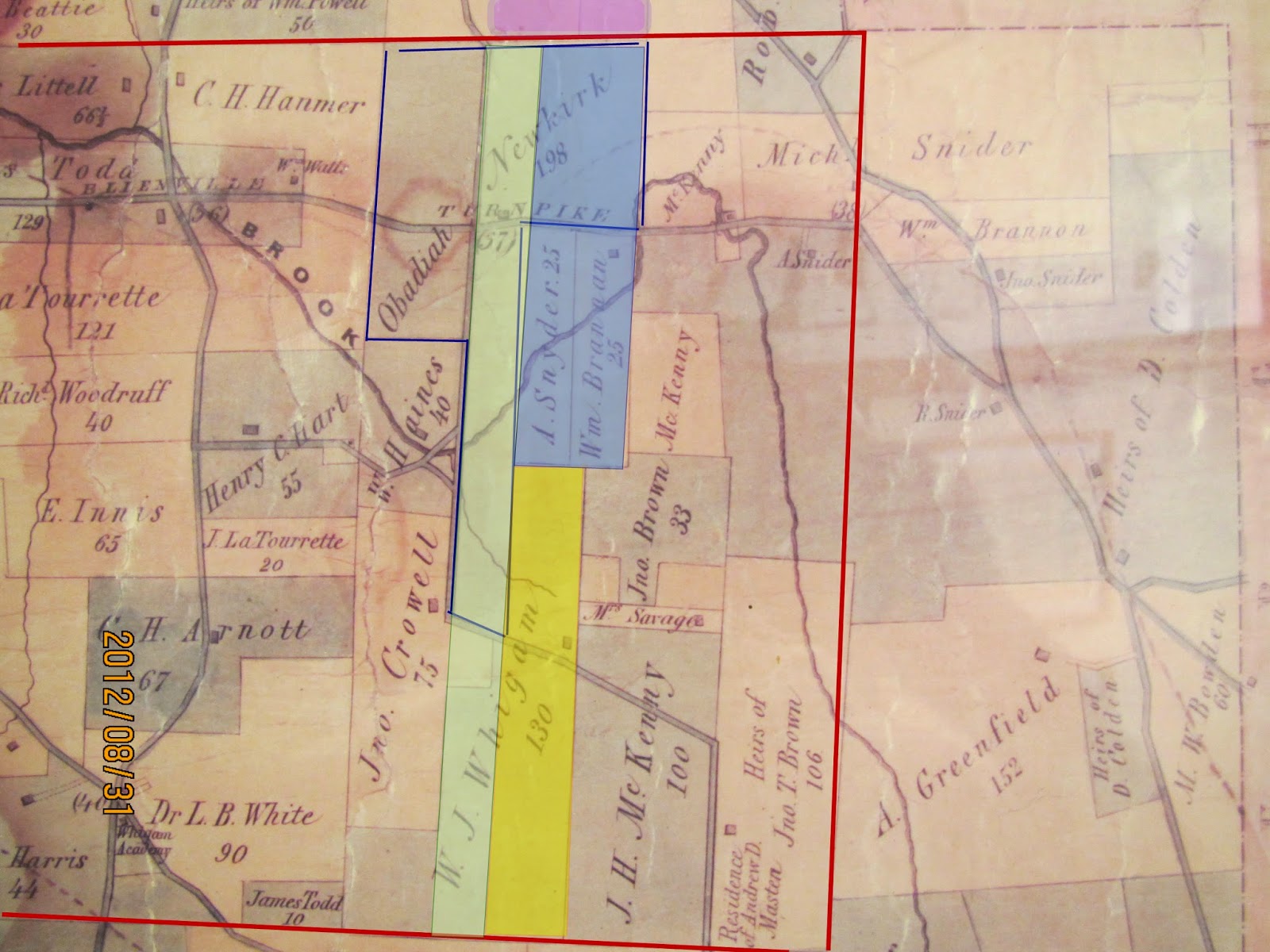 1862 map with 1783 wood green 1771 wood yellow and 1760 perry blue deed information the estimate of the campbell property is in purple at the very 1862 map with 1783 wood green 1771 wood yellow and 1760 perry blue deed information the estimate of the campbell property is in purple at the very